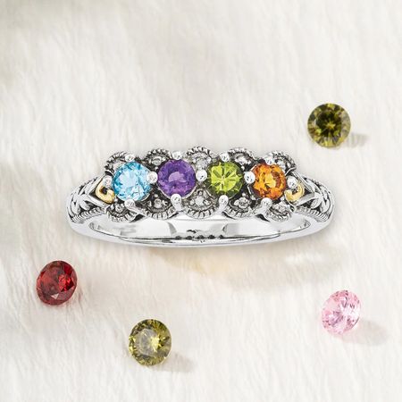 Personalized Antiqued Diamond accent Mother's Birthstone Ring